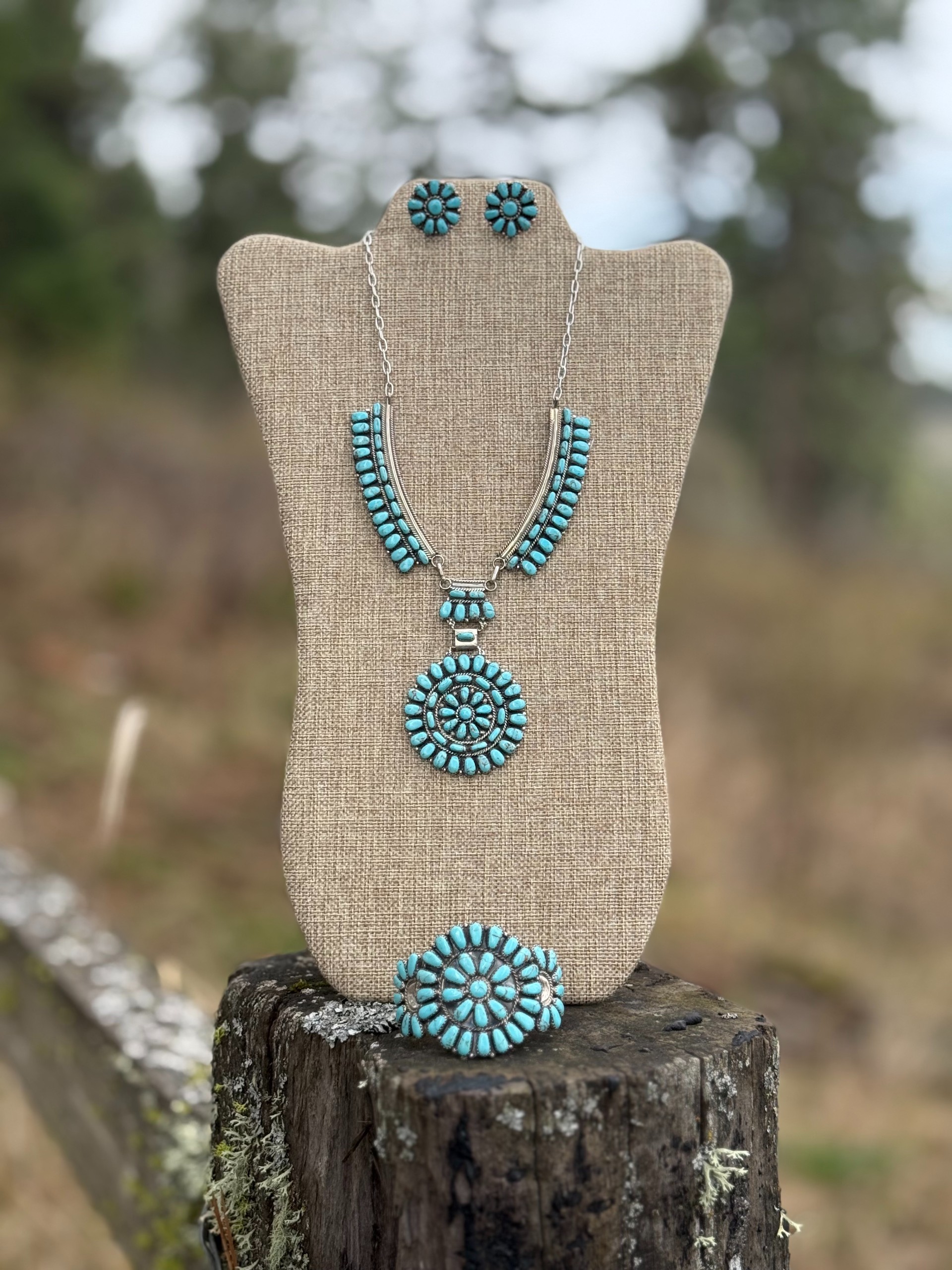 Authentic Native American Navajo Necklace Set with Sterling silver turquoise Necklace and pendant